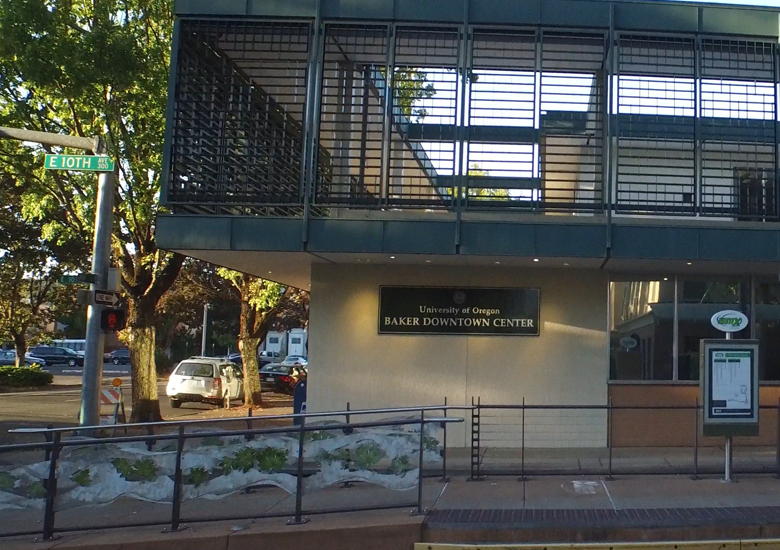 Photo of downtown street corner in front of Baker Downtown Center, for the About page University of Oregon Baker Downtown Center in Eugene.