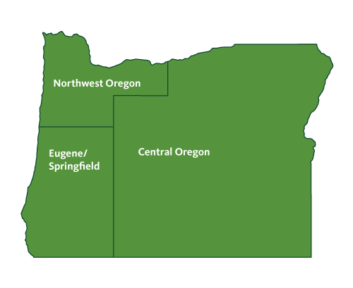 Graphic of Oregon indicating boundaries of the three OLLI-UO locations, Central Oregon, Eugene/Springfield, and Northwest Oregon.