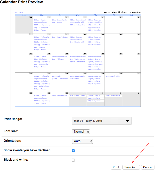 Screen shot of calendar tabs.