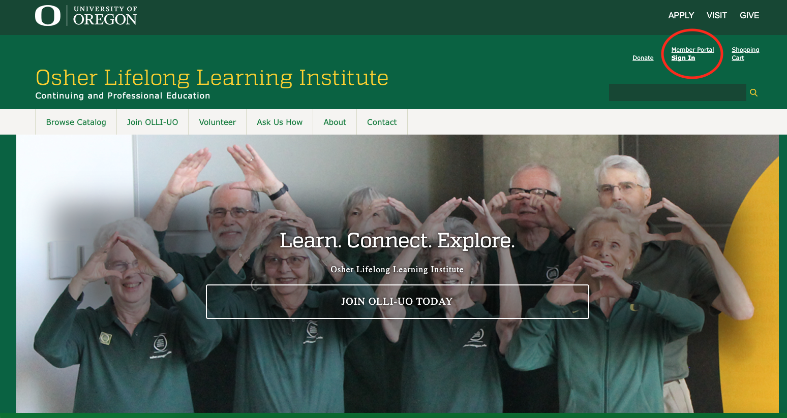 Screen shot of the OLLI-UO home page with a red circle around the sign in button indicating what you should select when signing into the OLLI-UO Member Portal.