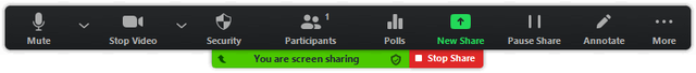 Screenshot of the Screen Share toolbar controls which appear at the top of the Zoom window when sharing your screen.