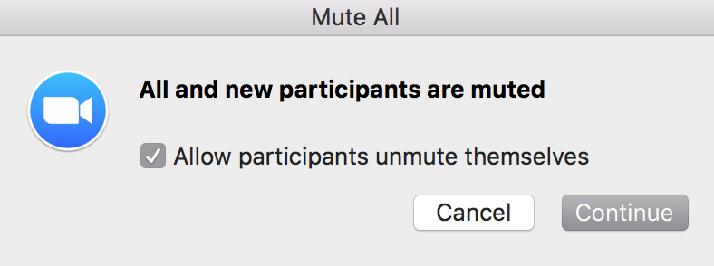 Screenshot of the Mute All window highlighting the optional ability to allow the participants to unmute themselves.